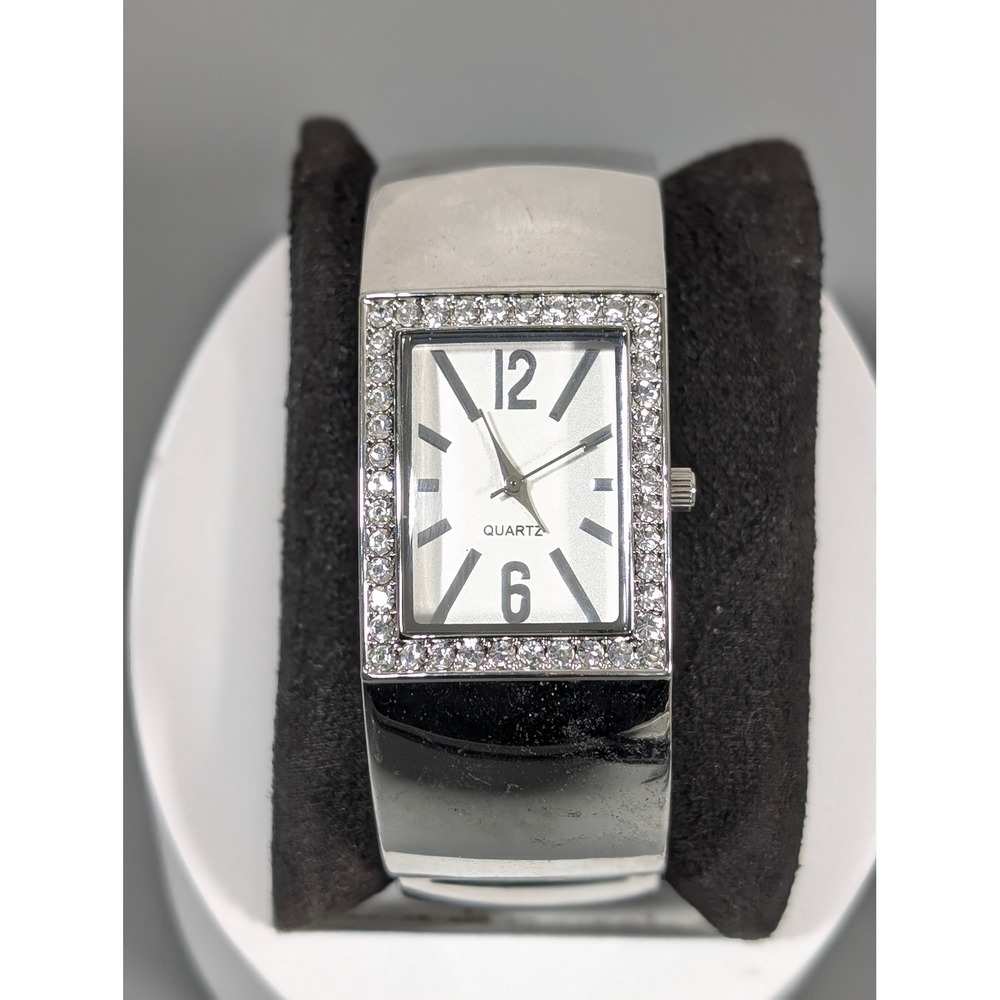 Chico's Silver Tone Cuff Watch Crystal Rhinestone Accent Rectangle Working‎ 6.5"